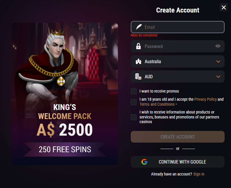 King Billy Casino Register